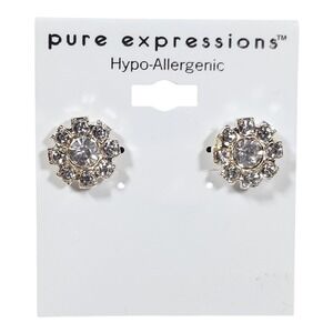 Pure Expressions Rhinestone Flower Stud Earrings Silver Tone Halo Bridal Prom